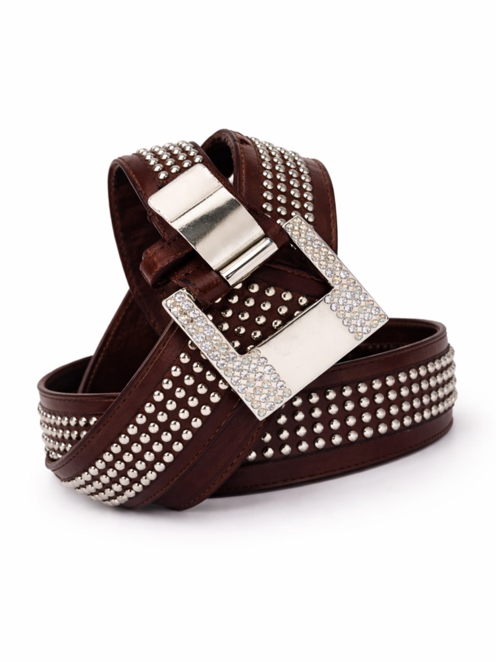 Guess Studded Brown Leather Belt Rhinestone Buckle Wide Statement Y2K